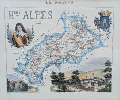 une vieille carte de la France sur laquelle figure l'image d'un homme tenant une épée