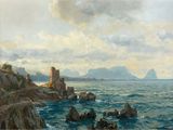 une image représentant une peinture d'une côte rocheuse avec un château au loin