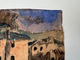 a picture of a painting of a horse and a building