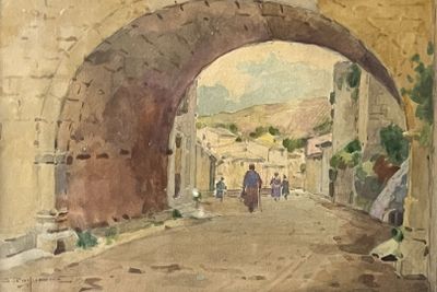 a watercolor painting of a street with people walking under an arch