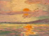 an oil painting of a sunset over the ocean with a boat in the water