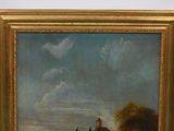 an oil painting of a farm scene with cows grazing in a field