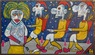 a painting of a group of clowns on a wall