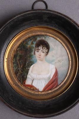 painting of a woman in a white dress with a red shawl around her neck