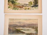 two watercolor paintings of a lake and a mountain scene