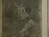 an old book with a drawing of a woman carrying a child