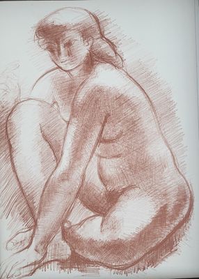 drawing of a nude woman sitting on the ground with her hands on her knees