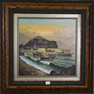 un tableau représentant des bateaux sur l'eau, près d'un rivage rocheux