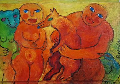 painting of a couple of monkeys sitting on a couch next to each other