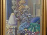 une peinture représentant un vase de fleurs sur une table