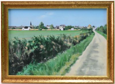 an oil painting of a country road with a village in the distance
