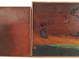 deux tableaux représentant des oiseaux volant au-dessus d'un champ, avec un ciel rouge en arrière-plan