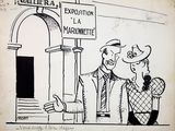 drawing of a man and a woman talking to each other in front of a building