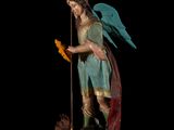statue of an angel holding a sword and a bird on a black background