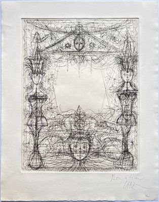 a black and white drawing of a frame with a clock on it