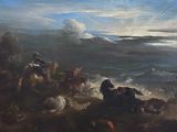 un tableau représentant un groupe de personnes à cheval sur la plage
