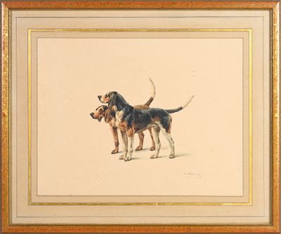 tableau représentant deux chiens debout l'un à côté de l'autre sur un fond beige