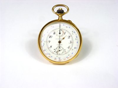 gros plan d'une montre de poche en or sur une surface blanche
