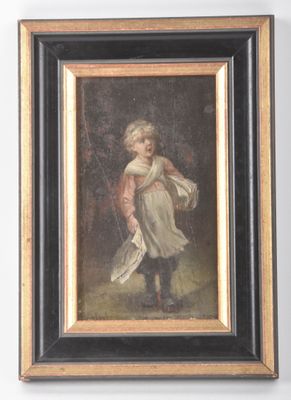 tableau représentant un jeune garçon vêtu d'une robe blanche et tenant un sac blanc