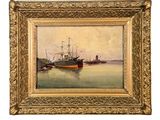 a painting of a boat in the water near a pier