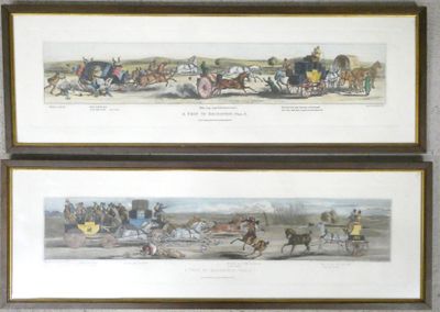 two framed pictures of a horse drawn carriage and a horse drawn carriage