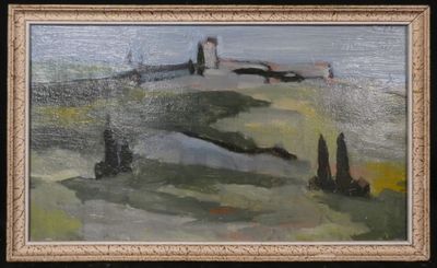 une peinture à l'huile représentant un paysage avec des arbres et un bâtiment au loin