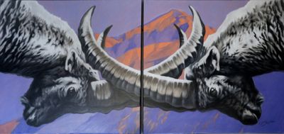 tableau représentant deux taureaux se battant devant une montagne