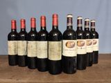 six bottles of red wine are lined up on a wooden table