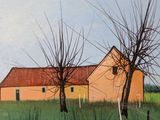 a painting of a house in the middle of a field