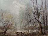 peinture d'un paysage avec une rivière et des arbres au premier plan