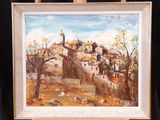 une peinture à l'huile représentant un village avec une église au sommet d'une colline