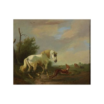 une peinture à l'huile représentant un cheval blanc et un chien dans un champ