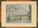 a picture of a painting of a couple standing on a dock