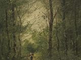 un tableau représentant un homme marchant sur un sentier dans les bois