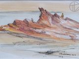 une aquarelle représentant un paysage désertique avec des rochers