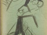 drawing of a person with a knife and a bird on a pole