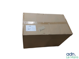 a cardboard box with a tag on it sitting on a white surface