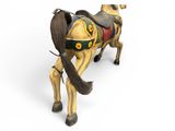 a small wooden horse with a saddle on it ' s back