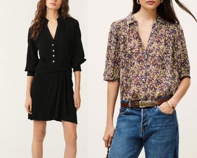 deux femmes vêtues de t-shirts noirs et violets et de jeans, debout l'une à côté de l'autre