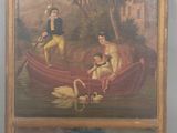 un vieux tableau représentant deux hommes dans un bateau sur un lac