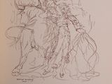drawing of a woman riding a horse with a man on it