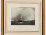 un tableau représentant un bateau en mer, avec le ciel en arrière-plan