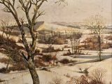une peinture à l'huile représentant un paysage enneigé avec un arbre au premier plan
