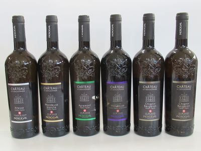 six bouteilles de vin sont alignées sur une surface blanche