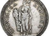 une pièce d'argent sur laquelle figure la statue d'une femme tenant une harpe