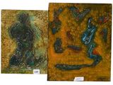 two paintings of a man and a woman on a yellow background