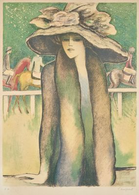 tableau représentant une femme coiffée d'un grand chapeau et vêtue d'un manteau de fourrure
