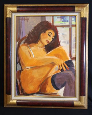 an oil painting of a woman sitting in a chair with her legs crossed