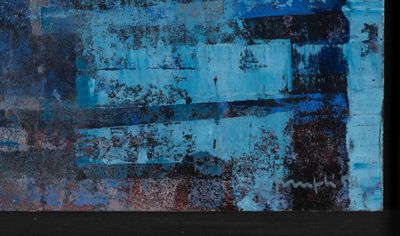 abstract painting of a man with a blue umbrella in front of a brick wall