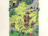 an illustration of a man in a hat and a dog in a garden